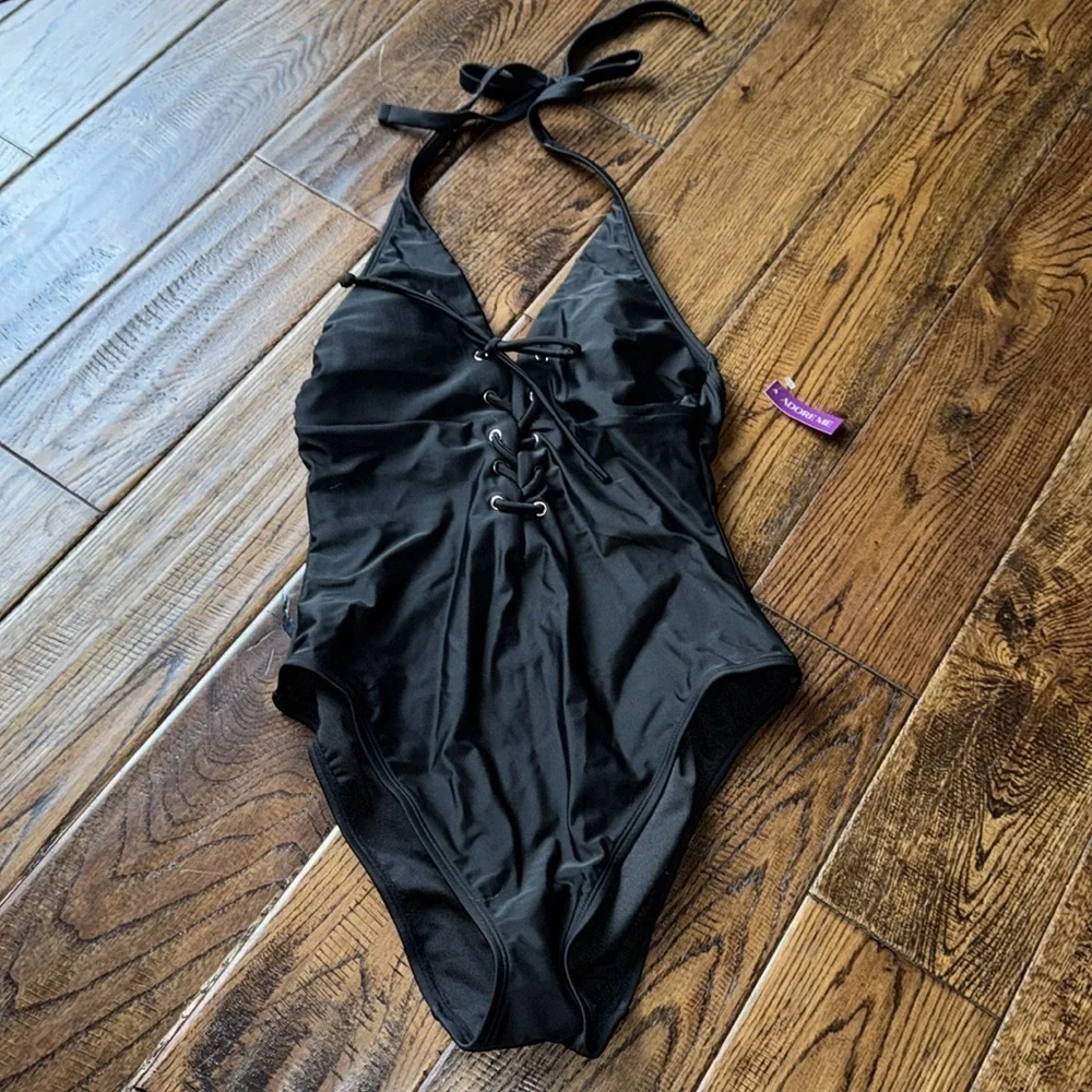 Adore Me Black Emery Contour One Piece Halter Swimsuit